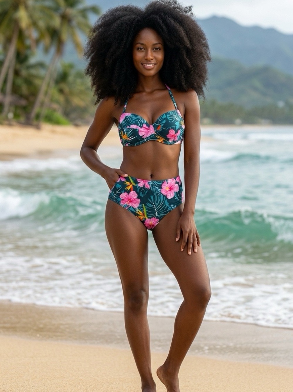 Tropical Floral High-Waist Bikini Set - and coverup skirt. Green/Pink
